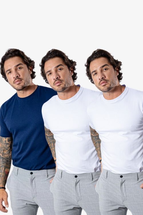 Kit de 3 Camisetas FlexFit Cotton Premium MASCULINO - ROUPAS - KIT CAMISETAS 1 Dm Stores Branco/Branco/Azul P