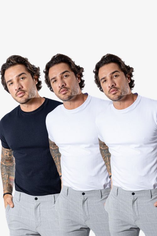 Kit de 3 Camisetas FlexFit Cotton Premium MASCULINO - ROUPAS - KIT CAMISETAS 1 Dm Stores Preto/Branco/Branco P