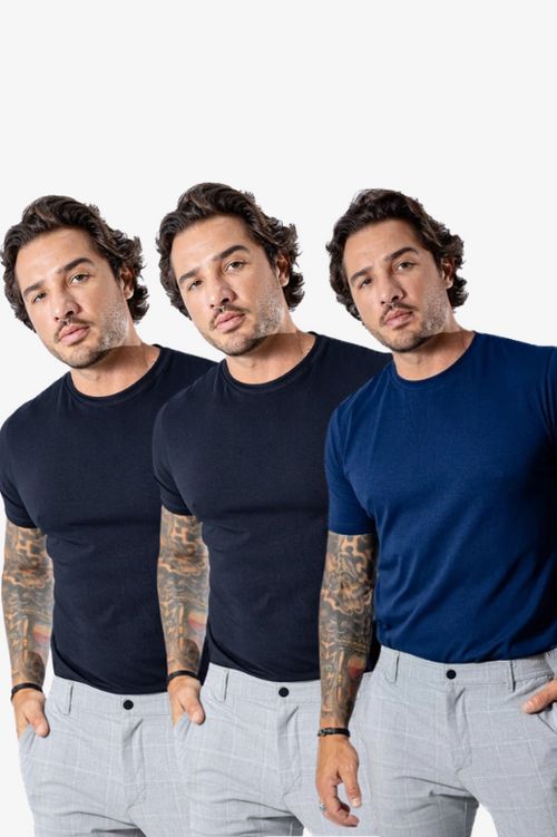 Kit de 3 Camisetas FlexFit Cotton Premium MASCULINO - ROUPAS - KIT CAMISETAS 1 Dm Stores Preto/Preto/Azul P