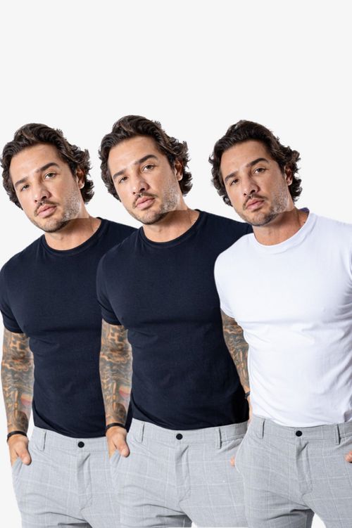 Kit de 3 Camisetas FlexFit Cotton Premium MASCULINO - ROUPAS - KIT CAMISETAS 1 Dm Stores Preto/Preto/Branco P