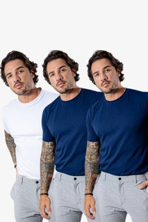 Kit de 3 Camisetas FlexFit Cotton Premium MASCULINO - ROUPAS - KIT CAMISETAS 1 Dm Stores Azul/Azul/Branco P 