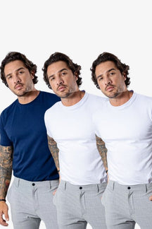 Kit de 3 Camisetas FlexFit Cotton Premium MASCULINO - ROUPAS - KIT CAMISETAS 1 Dm Stores Branco/Branco/Azul P 